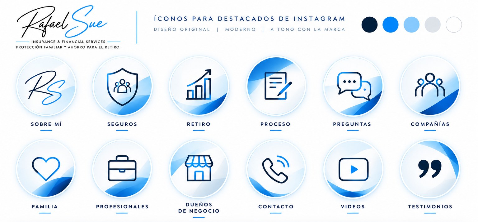 Doce íconos circulares para destacados de Instagram, en azul y marino, con el logo de Rafael Sue