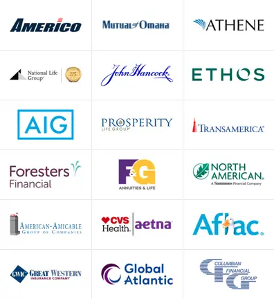 Americo, Mutual of Omaha, Athene, National Life Group, John Hancock, Ethos, AIG, Prosperity Life Group, Transamerica, Foresters Financial, F&G, North American, American-Amicable, CVS Health Aetna, Aflac, Great Western, Global Atlantic y Columbian Financial Group