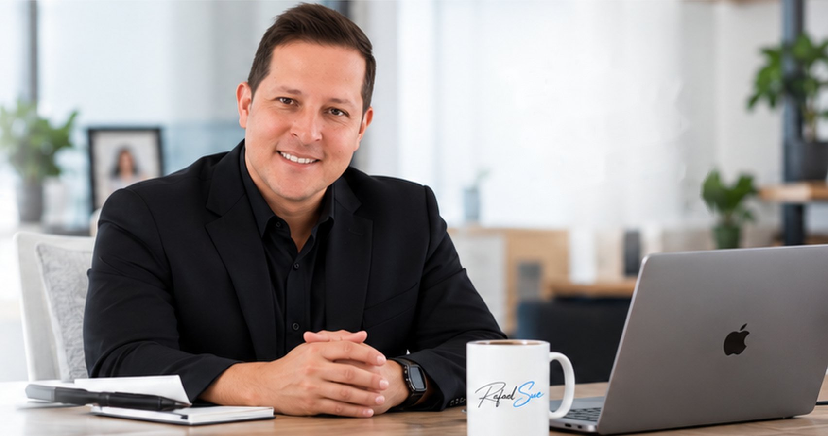 Rafael Sue en su escritorio, sonriendo