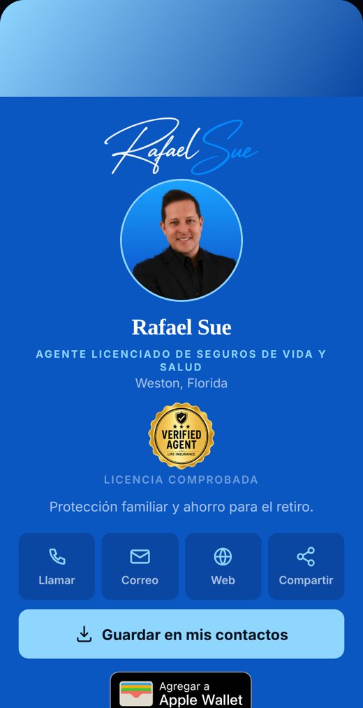 Vista real de la tarjeta digital de Rafael Sue, estilo azul