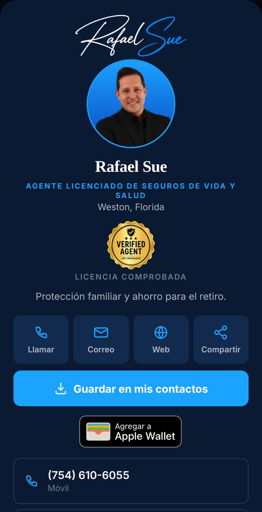 Vista real de la tarjeta digital de Rafael Sue, estilo marino
